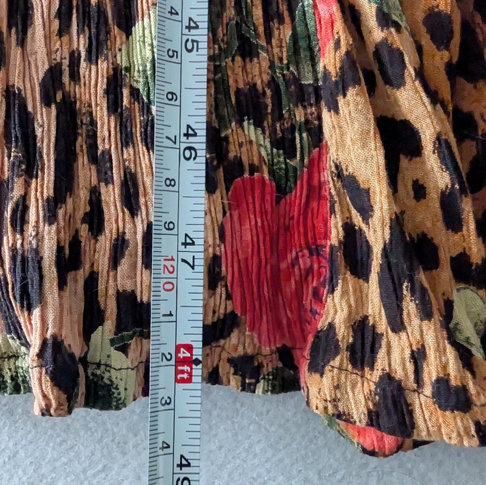 Vintage 90s Leopard and Rose Print Crinkle Rayon Midi Dress 70s Inspired Sz S - Picture 12 of 14